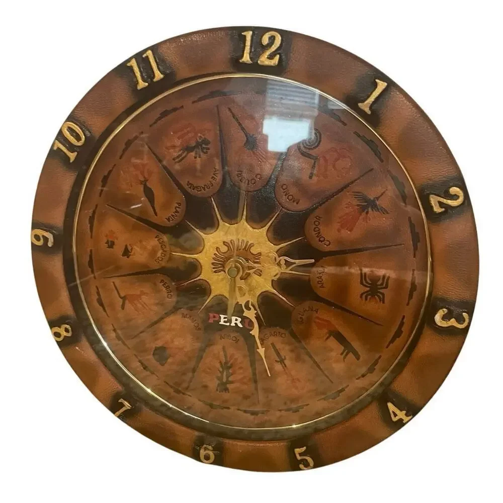 VTG CLOCK LEATHER WALL PERUVIAN NAZCA LINES BOHO RUSTIC RARE